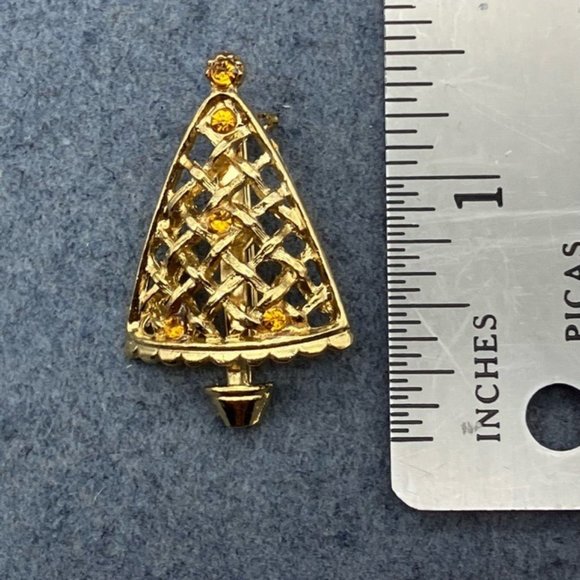 Christmas Pin Brooch Tree Gold Amber Rhinestone Woven Open Weave Vintage Retro - Picture 6 of 7